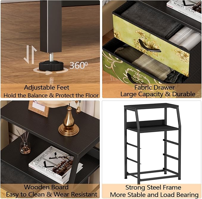 Furnulem Retro Night Stand with 3 Drawers and 2-Tier Shelf, Small Nightstand Side Table, Vintage Storage Dresser for Bedroom, Fabric Drawer Organizer for Closet, Beside Furniture