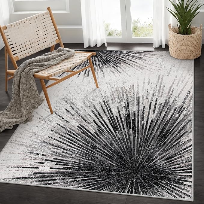 Lahome Mordern Black Rug for Living Room - Washable Area Rugs 5x7 Non-Slip Soft Rug for Bedroom, Abstract Print Ultra-Thin Stain Resistant Carpet for Dining Room Office Entryway