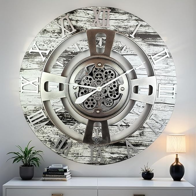The Gears Clock Real Moving Gear Wall Clock England Line (Grey & White, 36 inches (90 cm))