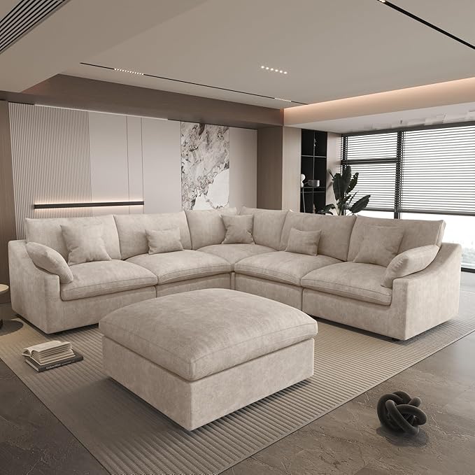 Could Couch Modular Sectional Sofa with Ottoman,Down Filled 120inch V Shaped Couch,Convertible Sofa Bed Living Room Set,6 Seat Sleeper Couched Bed, Cover Washable and Replaceable