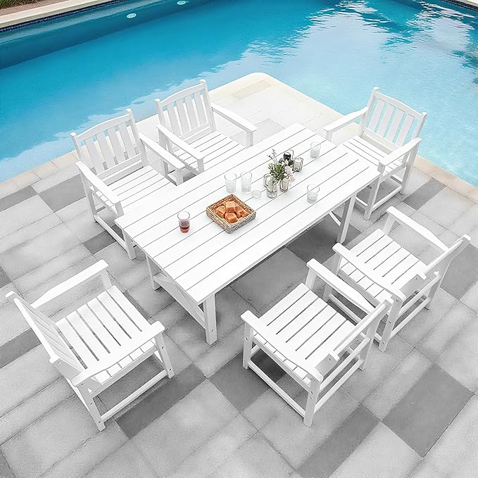 QUASCO Outdoor HDPE Dining Table Set, 7-Piece Patio Dining Furniture Sets with Umbrella Hole Table and 6 Chairs for Backyard, Poolside, Garden and Lawn, White