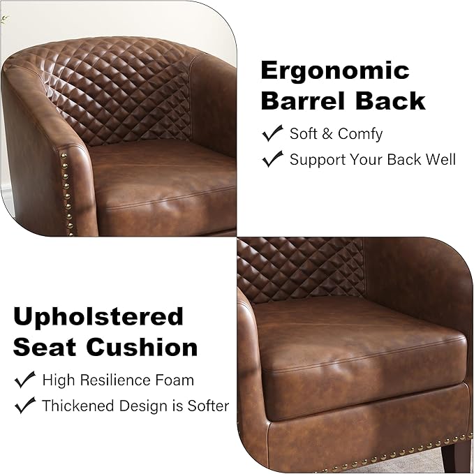 Accent Barrel Chair, Upholstered Faux Leather Club Chair with Nailed Trim, Comfy Reading Armchair for Living Room Bedroom Reception Room Office (Brown, Set of 1)