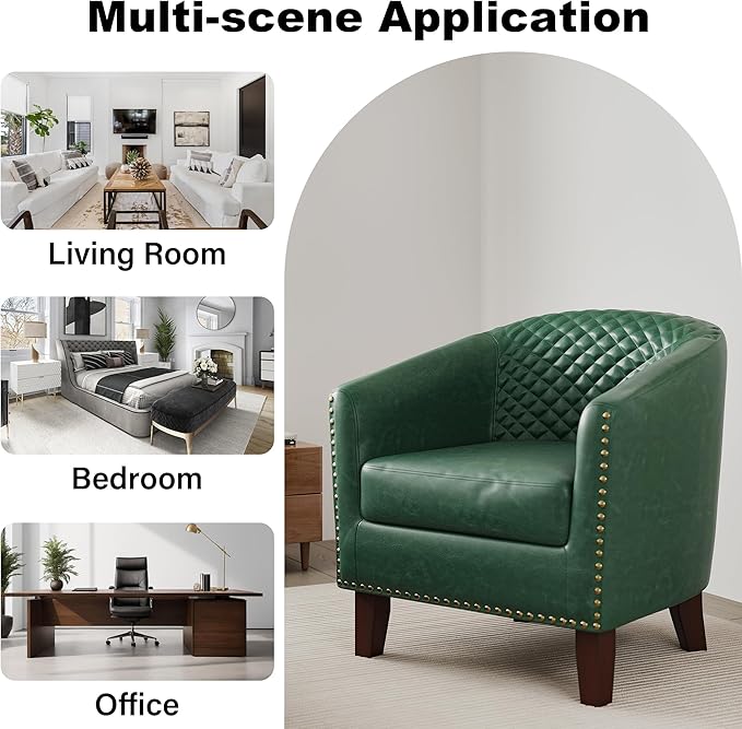 Accent Barrel Chair, Upholstered Faux Leather Club Chair with Nailed Trim, Comfy Reading Armchair for Living Room Bedroom Reception Room Office (Dark Green, Set of 4)