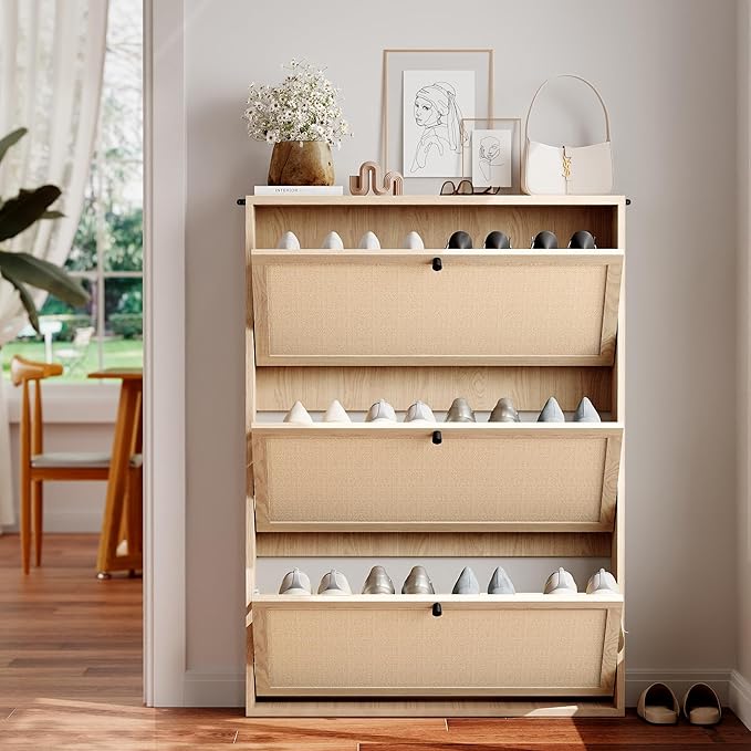 Shoe Storage Cabinet with 3 Flip Drawers, Narrow Wood Shoes Cabinet with Linen Doors Drawer, Freestanding Shoe Organizer Slim Shoe Cabinet Storage Shoe Rack for Entryway Hallway (Natural)