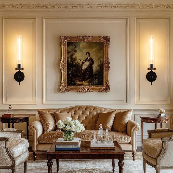 19.5" Knurled Brass Wall Sconce with Clear Glass Tube, Black Gold Bathroom Vanity Light Fixtures, Modern Lamp Lighting for Bedroom, Living Room, Hallway, Staircase, Mirror, Kitchen