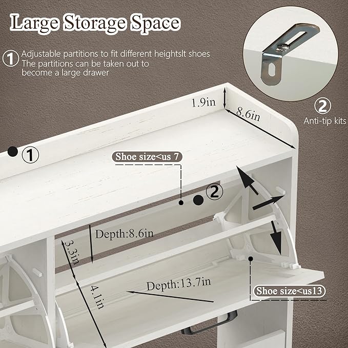 MISHAO Shoe Storage Cabinet with 4 Flip Drawers, Narrow Hidden Shoe Cabinet for Entryway, Freestanding Slim Shoe Rack Organizer with Metal Legs, Oak White