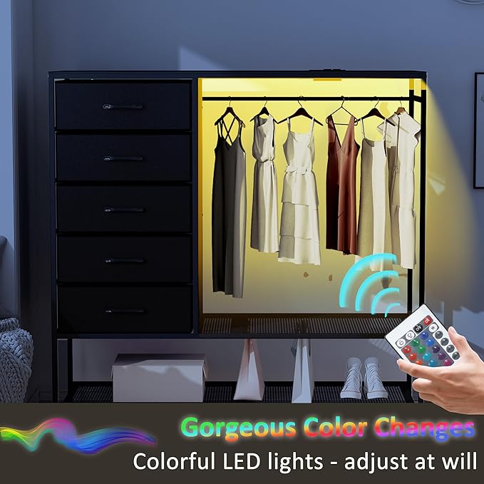 Dresser with Hanging Rack, Black Dresser for Bedroom, Chests of Drawers for Closet, 5 Fabric Drawers Clothes Rack, with Sturdy Metal Frame, LED Lights, Charging Station