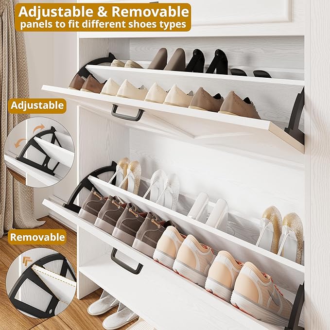 IRONCK Shoe Storage Cabinet with 2 Flip Drawers & Barn Door Design, Freestanding Shoe Cabinet Organizer with Drawer and Shelves for Entryway, Farmhouse Shoe Rack Cabinet, White/Walnut