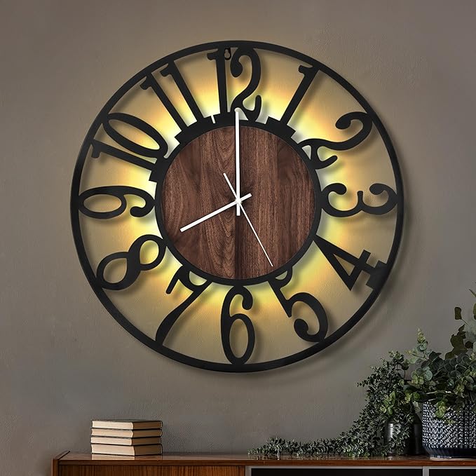LEIKE Large Wall Clocks with Night Light Battery Operated,Silent Non Ticking,Rustic Modern Big Wood Clock for Living Room, Bedroom,Kitchen,Farmhouse,Office,Home Decor-20 Inch(Black-Arabic Number)
