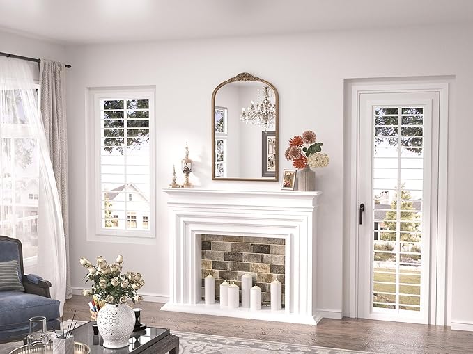 Keonjinn Vintage Gold Mirror 20" x 30", Arched Decorative Mirrors for Wall Decor, Antique Mirror Bathroom, Ornate Baroque Brass Mirror for Mantle, Entryway, Living Room, French Cleat Mounting