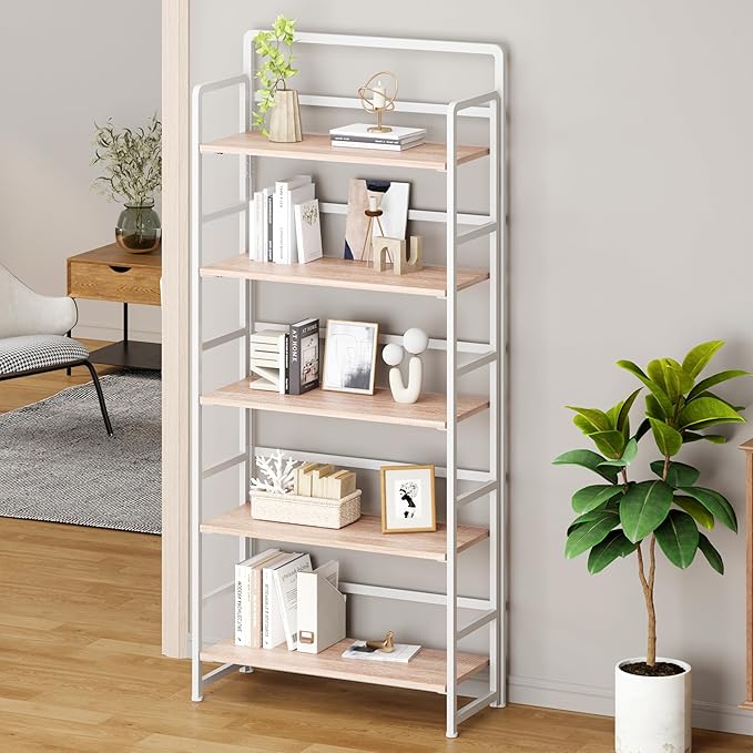 No Assembly Folding Bookshelf, 5 Tiers Collapsible Book Shelf for Home Office, Vintage Wood Foldable Bookcase Storage Organizer for Living Room Bedroom (Beige)