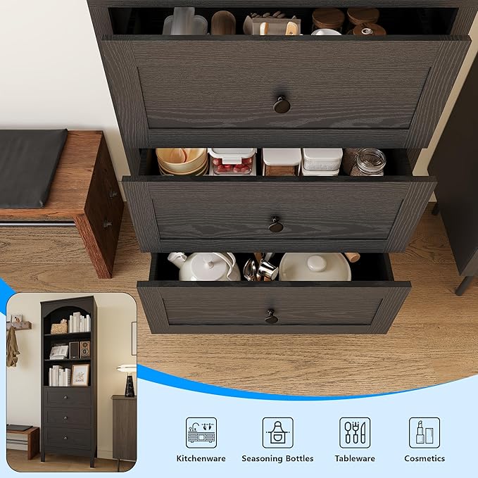 71" H Tall Bookshelf with Drawers, Farmhouse Book Shelf with 3-Tier Open Shelves, Wooden Bookcase with Storage Drawers, Freestanding Bookshelves for Bedroom, Living Room, Black