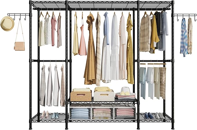 Ulif E3 Heavy Duty Garment Rack, 4 Tiers Freestanding Closet Organizer System with 5 Shelves, Metal Closet Organizer and Storage System for Clothes, Max Load 650lbs, 57.1"W x 14.5"D x 77.3"H, Black