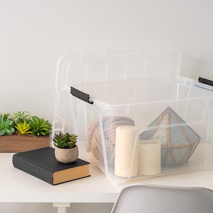 IRIS USA 32 Qt Stackable Plastic Storage Bins with Lids, 6 Pack - BPA-Free, Made in USA - See-Through Organizing Solution, Latches, Durable Nestable Containers, Secure Pull Handle - Clear