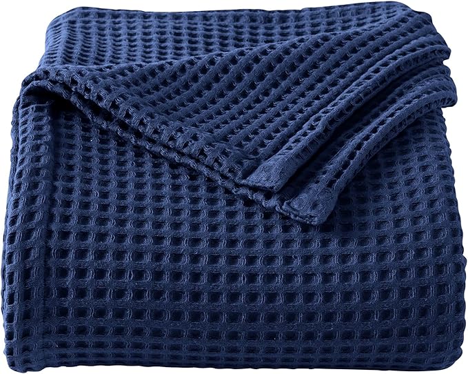100% Cotton Waffle Weave Bed Blanket | Soft, Breathable, and Lightweight Blanket for All-Season | Perfect for Layering | Brielle Collection (King, Navy)