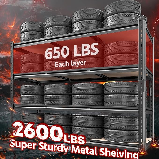 REIBII 48.2" W Garage Shelving, Storage Shelves Load 2600LBS, 4-Tier Adjustable Heavy Duty Metal Shelves for Warehouse, Pantry, Kitchen, 60.1" H X 48.2" W X 24" D, Black