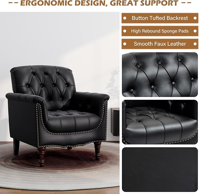 UIXE Black Accent Chair for Living Room, Faux Leather Tufted Arm Chair Retro Upholstered Club Armchair for Bedroom