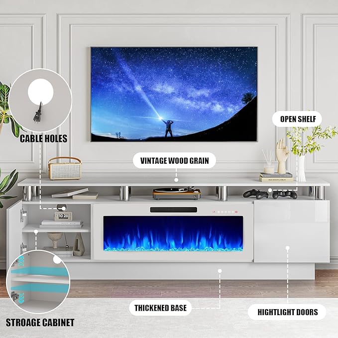 70" Modern Fireplace TV Stand with 36" Electric Fireplace for TVs Up to 80 inch, Luxury LED Light Entertainment Center with High Gloss Cabinet (White + Silver Posts with White Fireplace)