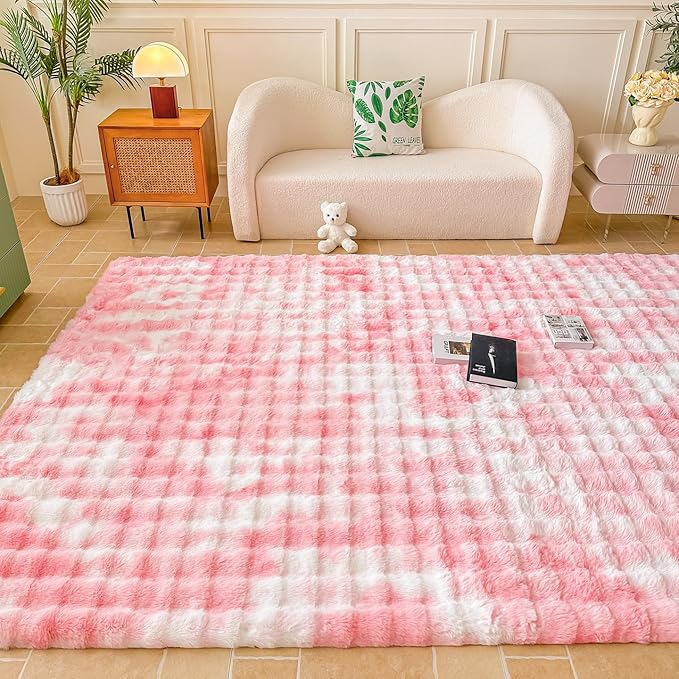 Pink White Rabbit Plush Area Rug for Bedroom Living Room Sofa,6'X9' Faux Fur Fluffy Shaggy Rectangular Square Rug for Kids Teen Girls Room,Furry Carpet Rug for Nursery Baby Room Decor for Teenage
