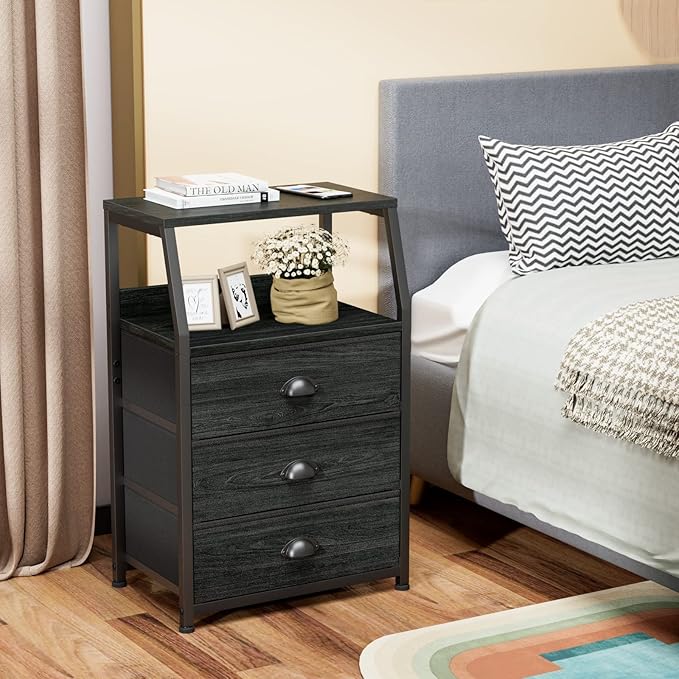 Furnulem Black Night Stand, Small Dresser for Bedroom, Nightstand with 3 Fabric Storage Drawers and 2-Tier Shelf, End Table Side Furniture for Closet, Hallway, Nursery, Sturdy Steel Frame, Wood Top