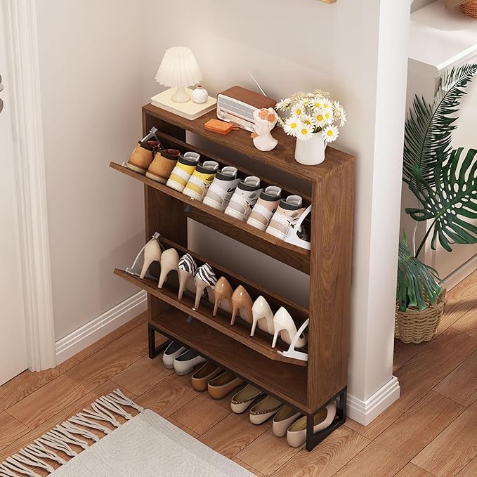 Shoe Cabinet with 2 Flip Drawer Drawer, Modern Shoe Organizer Freestanding Shoe Cabinet Storage, Shoe Storage Shoe Rack for Closet with Linen Doors Drawer in Hallway, Entrance (Walnut)