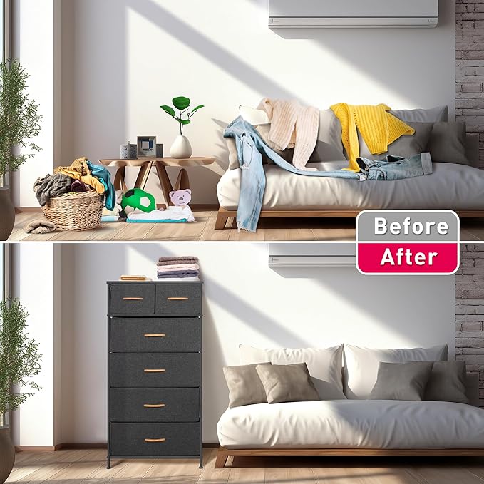 Tall Dresser for Bedroom, Vertical Storage Organizer Tower with 6 Drawers, Chest of Drawers with Fabric Bins, Steel Frame, Wood Top for Bedroom, Closet, Entryway- Grey