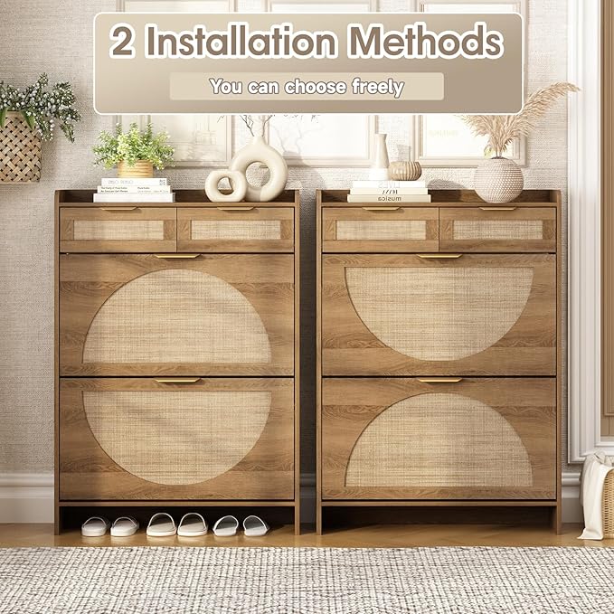 Rattan Shoe Storage Cabinet with 2 Flip Drawers & 2 Drawers, Freestanding Organizer for Front Door Entrance, Hidden Narrow Shoe Rack Cabinet Storage for Entryway, Rustic Oak Rattan