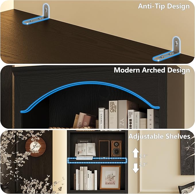 71" H Tall Bookshelf with Drawers, Farmhouse Book Shelf with 3-Tier Open Shelves, Wooden Bookcase with Storage Drawers, Freestanding Bookshelves for Bedroom, Living Room, Black