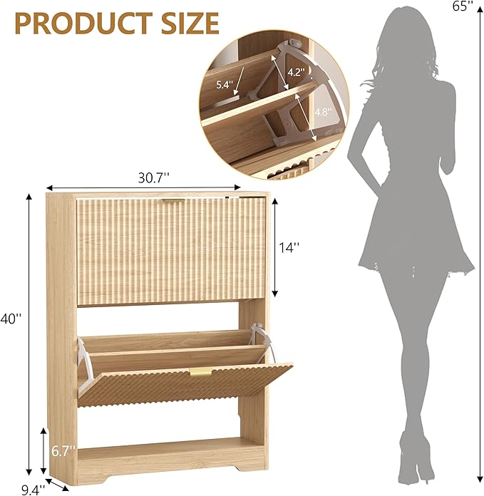 Shoe Cabinet Storage for Entryway with 2 Flip Drawers, Fluted Shoe Cabinet with Open Storage, Wooden Hidden Shoe Rack Freestanding Narrow Slim Shoe Organizer for Hallway, Entrance
