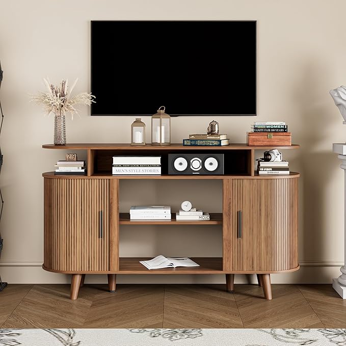 Fluted TV Stand for TVs up to 65 Inch, Mid Century Modern Entertainment Center with Storage and Adjustable Shelves, Media Console with Sliding Doors for Living Room, Bedroom, Walnut