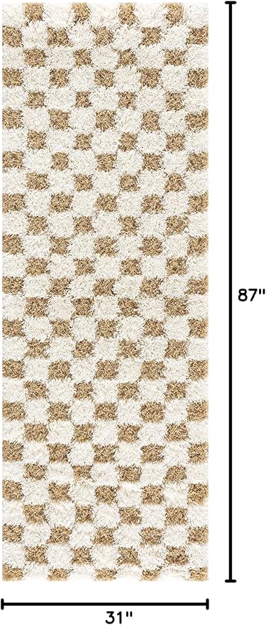 Hauteloom Atira Contemporary Checkered Fluffy Shag Runner Rug - Modern Geometric Carpet Tiles for Hallway, Kids Room - Plush Pile Carpet Squares - Yellow, Cream, White - 2'7" x 7'3"