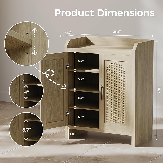 Shoe Cabinet Storage for Entryway, Rattan Storage Cabinet, Wooden Shoe Rack with Doors, Farmhouse Boho Wood Shoe Organizer Cabinet for Hallway (Oak)