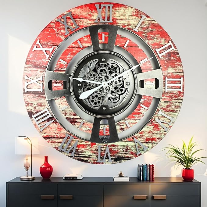 The Gears Clock Real Moving Gear Wall Clock England Line (Red Lava, 36 inches (90 cm))