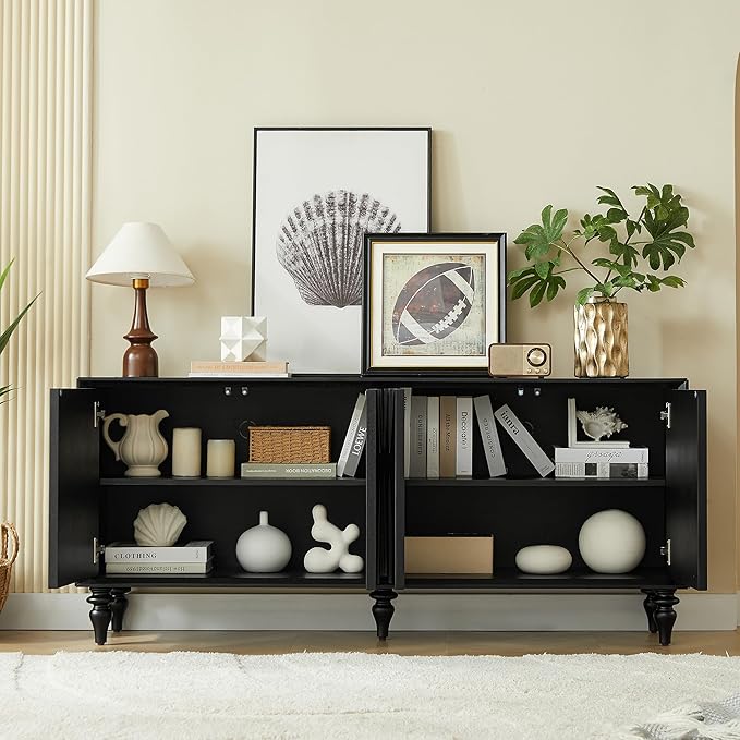 63" TV Stand with Storage, 4 Doors Modern Entertainment Center Sideboard Buffet Cabinet with Adjustable Shelves, TV Media Console Table for Living Room, Black