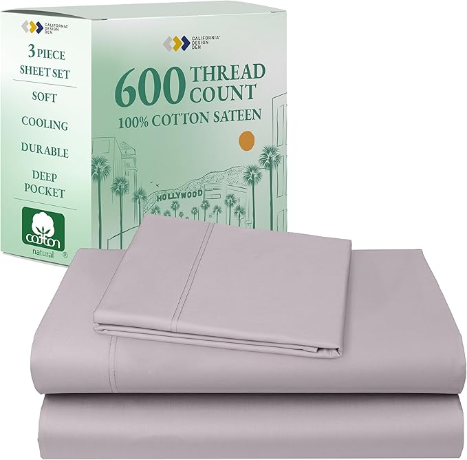 California Design Den Luxury Twin Sheet Set - 100% Cotton, 600 Thread Count Deep Pocket Twin Sheets, Soft Hotel-Quality Bedding with Sateen Weave - Lavender