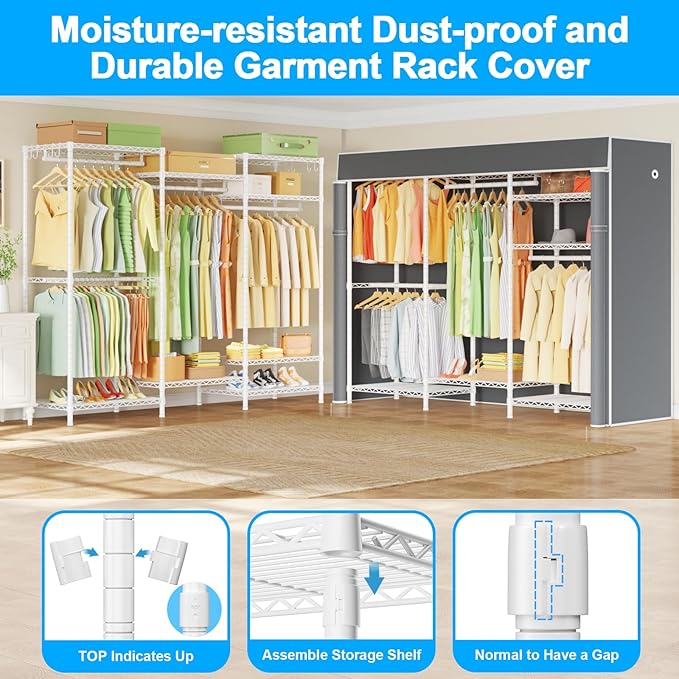 Ulif E13C Heavy Duty Closet Organizer System，Freestanding Clothing Racks for Hanging Clothes，Adjustable Garment Rack 63" W x 16" D x 77" H Hold 960 lbs，White Clothing Rack with Grey Dustproof Cover