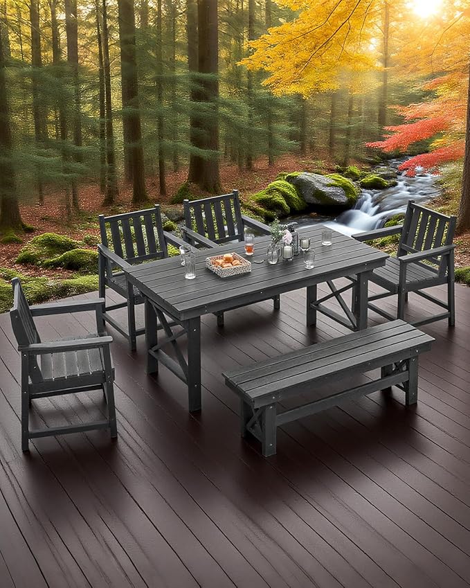 QUASCO Outdoor Dining Set for 6, HDPE Patio Dining Furniture Set with Umbrella Hole Table and 4 Chairs and 1 Bench, All Weather Outdoor Outdoor Dining Bench Sets for Garden, Lawn, Black