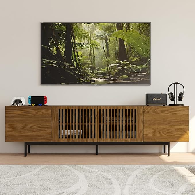 POVISON Full Assembled Mid-Century Modern TV Stand with Slatted Doors, Wood Media Console for 75 Inch TV, TV Console with Tall-cast Metal Legs, Entertainment Center with Storage for Living Room