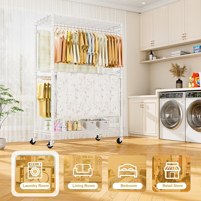 P4 Plus Rolling Clothes Rack Heavy Duty, Clothing Racks for Hanging Clothes, Free Standing Garment Racks with Wheels, Portable Closet Rack 45''W × 20.5''D × 80.5''H, Max Load 570 Lbs, White