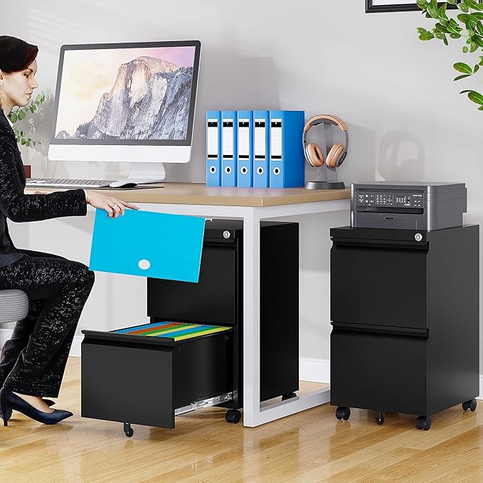 SISESOL 2 Drawer File Cabinet on Wheels,Metal Filing Cabinet with Lock,Black Rolling File Cabinets,Under Desk Office Cabinets for Home Office,Fit A4/Letter/Legal,Fully Assembled Except Caster