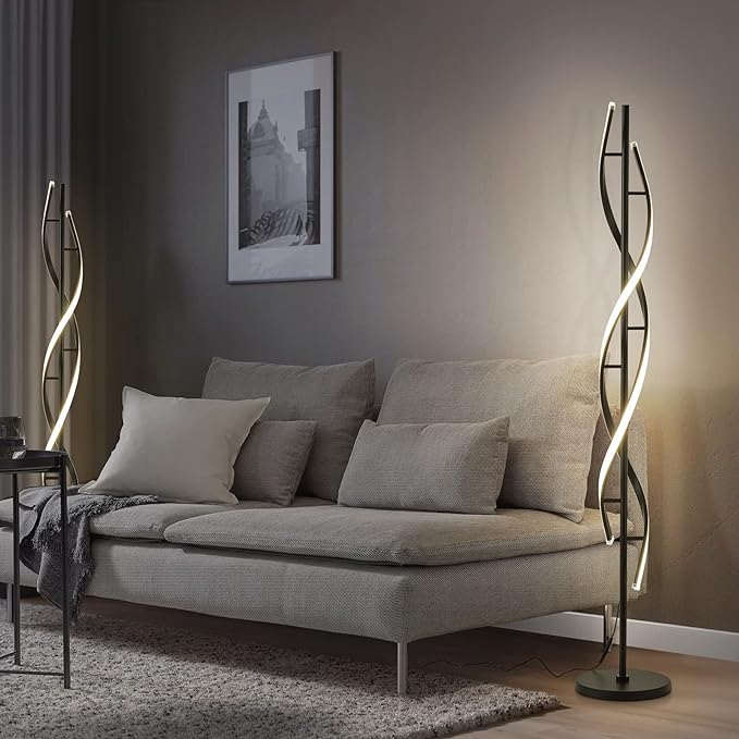 Spiral LED Floor Lamp for Bedroom,Modern Floor Lamps with Remote Control 60 Inch Dimmable Black Floor Lamp 48W Standing Lamp Timing 3 Color Temperature Corner Floor Lamps for Living Room