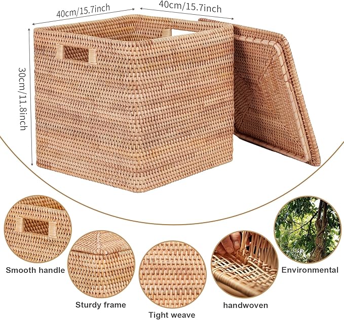 Rattan Basket With Lid, Large Lidded Basket For Storage (15.75" L×15.75"W×11.81"H)