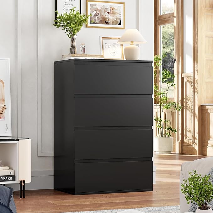FOTOSOK Black Dresser, 4 Drawer Dresser Modern Storage Chest of Drawers 23.6L x 15.7W x 31.5H in, Black Dressers Storage Cabinet with 4 Drawers for Home Office