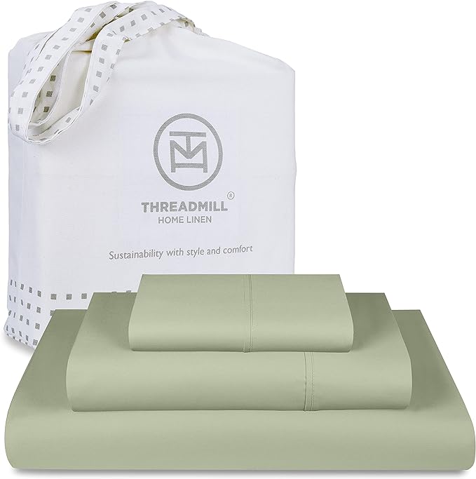 Threadmill 100% Cotton Sheets for Twin XL Size Bed - 600 Thread Count Twin XL Bed Sheets Set with 15” Deep Pocket - Sateen Weave 3-Piece Bedding Set with Cooling Effect, Sage Green
