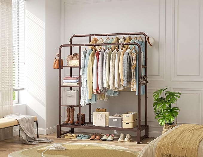 Double Rods Clothes Rack Clothing Rack with 4 Tier Storage Shelves Clothes Rack for Hanging Clothes Multifunctional Heavy Duty Clothes Organizer with Hooks for Bedroom,Wardrobe Closet,Shop,Brown