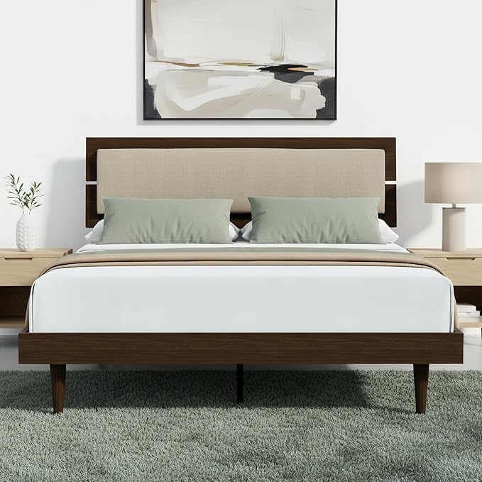 Modern Solid Wood Platform Bed with Adjustable Headboard with Cushion – No Box Spring Needed,Fast Assembly – Queen Size in Walnut