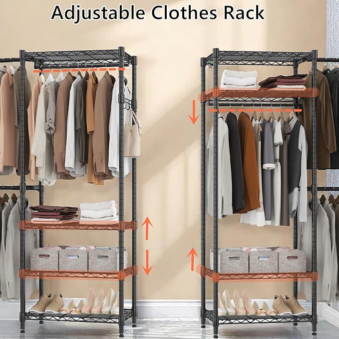 BATHWA Adjustable Heavy Duty Wardrobe Closet Organizer - Expandable Metal Clothing Rack with 4 Hanging Rods, 6 Shelves, and 4 Hangers, Freestanding Closet System 70.9”H x (68.9”-90.2”)L x 14”D, Black