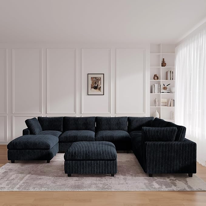 JACH 157" Modern Sectional Couch, Overzised Down Filled Soft Sofa, Deep Seat 8 Seater Convertible Modular Cloud Sofas for Living Room, Minimalist Couches,Sofa Cover Removable, Black