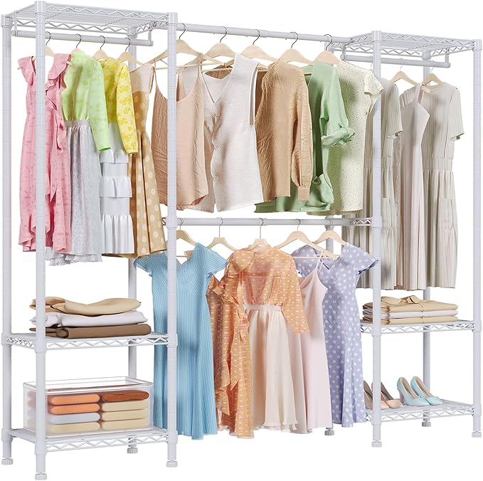 H10 Expandable Clothes Rack Clothing Rack for Hanging Clothes, Heavy Duty Garment Rack, Freestanding Wardrobe Closet Organizer with Hanger Rods, Extendable from 4.6 to 5.1 ft, White