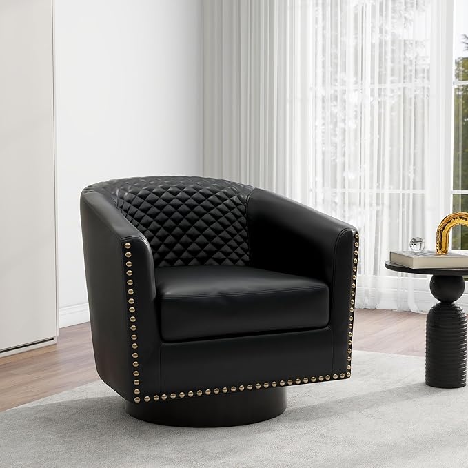 Swivel Barrel Accent Chair, Comfy Modern Upholstered Round Faux Leather Arm Chair for Living Room, Bedroom（Black, Set of 2